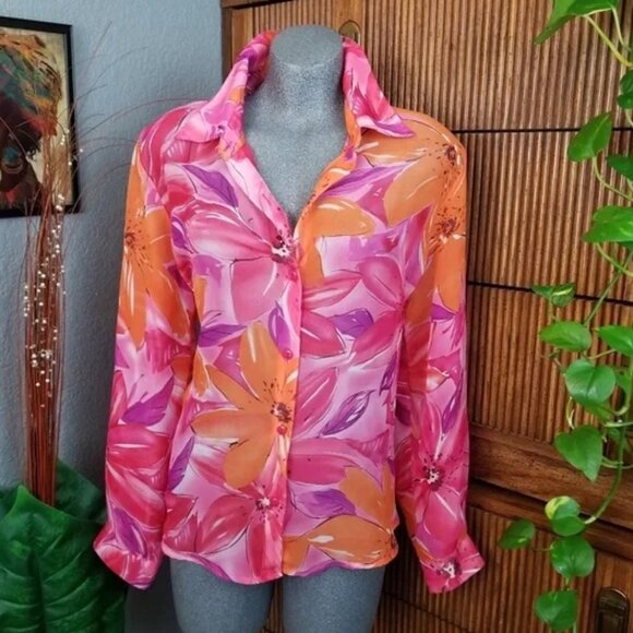 Bedford Fair Tops - Vintage Blouse Floral Print Pink Size XL Flowy Lightweight Classic Button Down